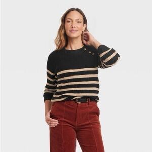 Knox Rose Black & Tan Striped Ribbed Sweater | XS
